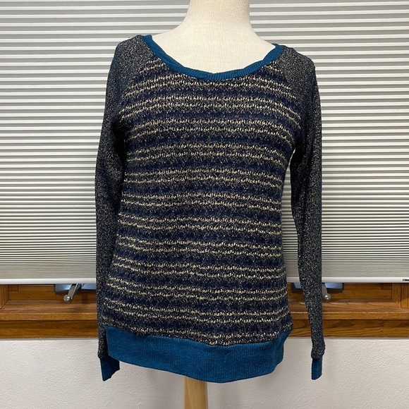 Miss Me Teal Blue Gold Sparkle Striped Twist Scoop Neck Sweater Size Small - Picture 1 of 8